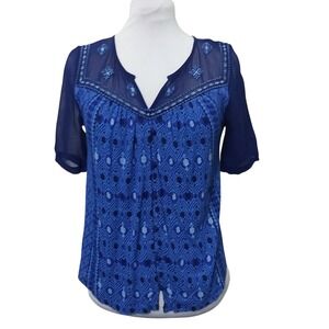 Lucky Brand‎ Top Womens Small Blue Chiffon Embroidered Boho Short Sleeve Blouse
